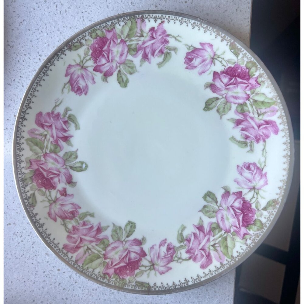 Antique Three Crown China Germany Plate 8" Pink Off White Roses Gold Trim Vintag